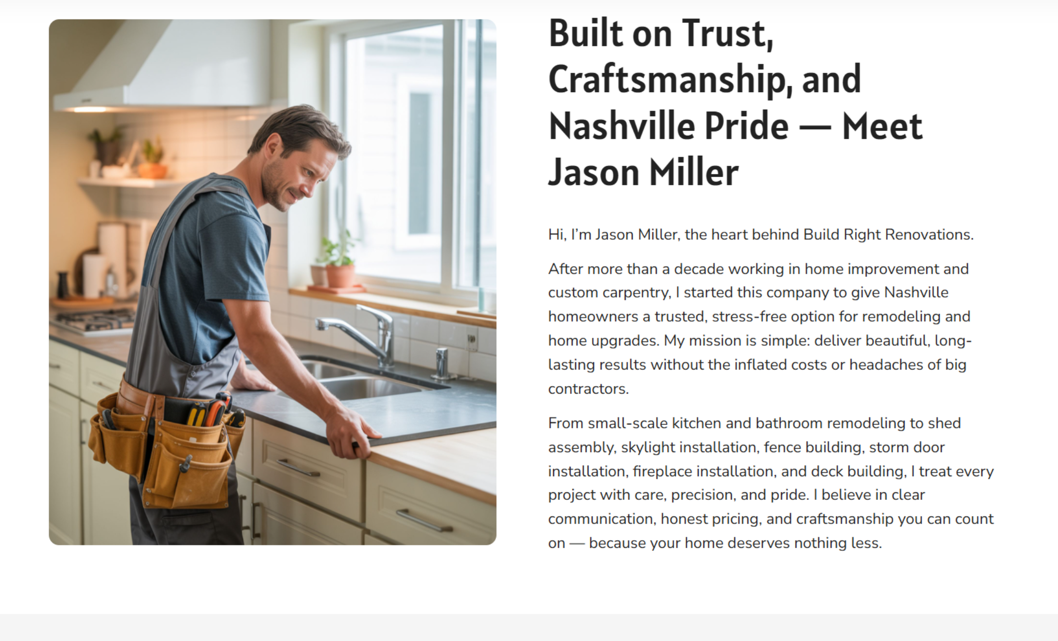 Build Right Renovations “Meet the Founder” section featuring Jason Miller smiling while working at a kitchen counter, with the headline “Built on Trust, Craftsmanship, and Nashville Pride — Meet Jason Miller” beside a personal introduction