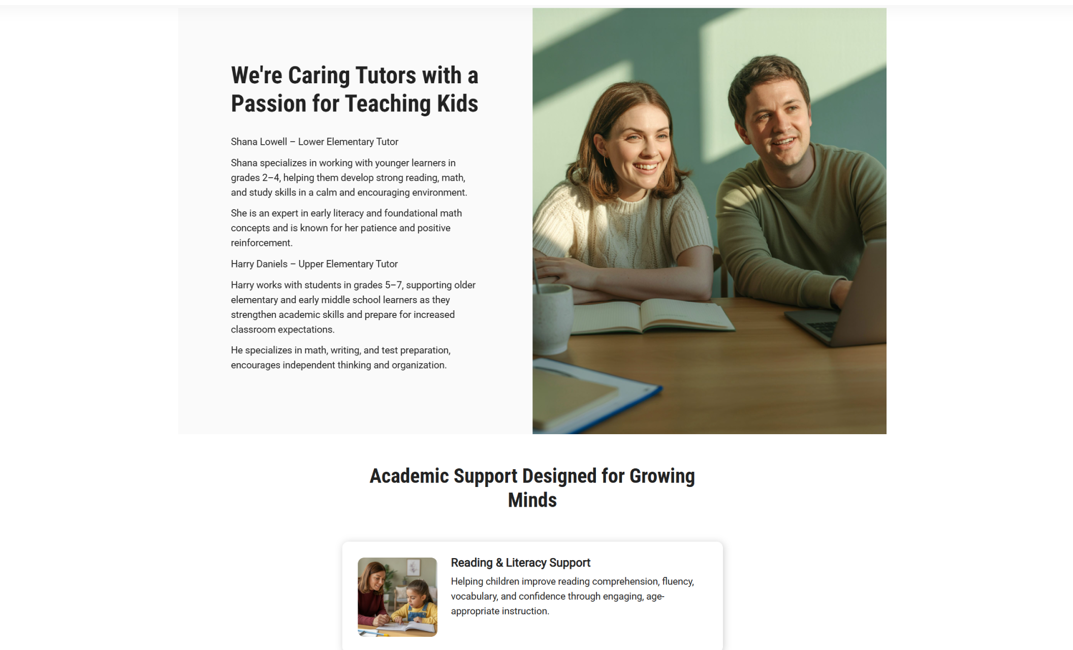 Building Blocks Learning tutor introduction section showing two smiling tutors seated at a table beside the heading “We’re Caring Tutors with a Passion for Teaching Kids” and descriptive text about their experience with elementary students