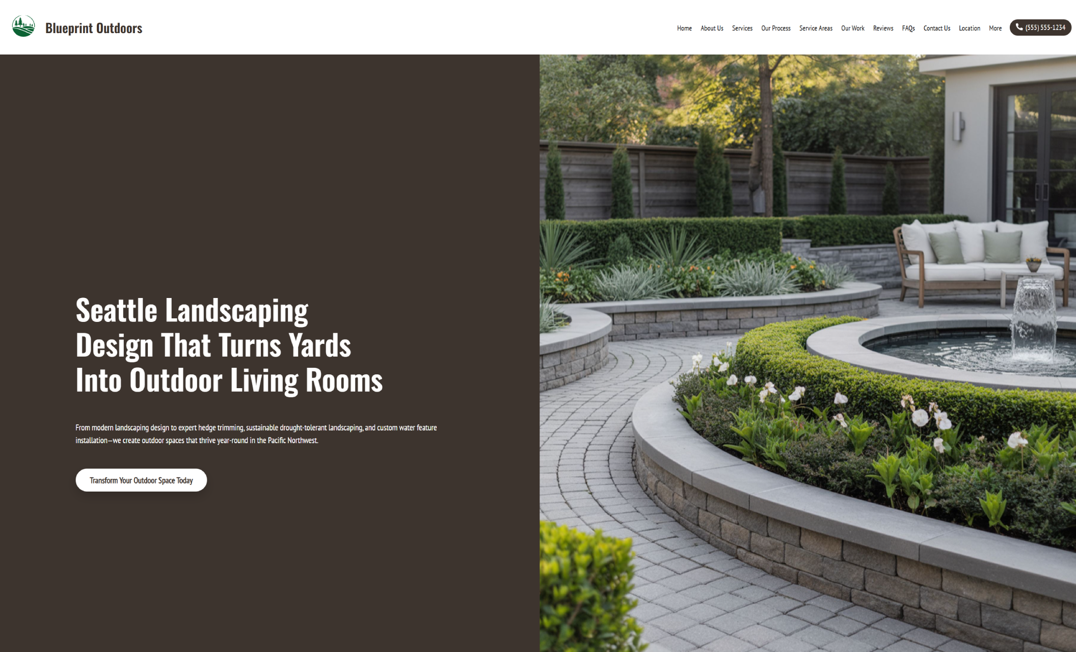 Homepage of Blueprint Outdoors featuring a split layout with a dark brown text block reading “Seattle Landscaping Design That Turns Yards Into Outdoor Living Rooms” and a full-width photo of a circular stone patio with fountain and outdoor seating