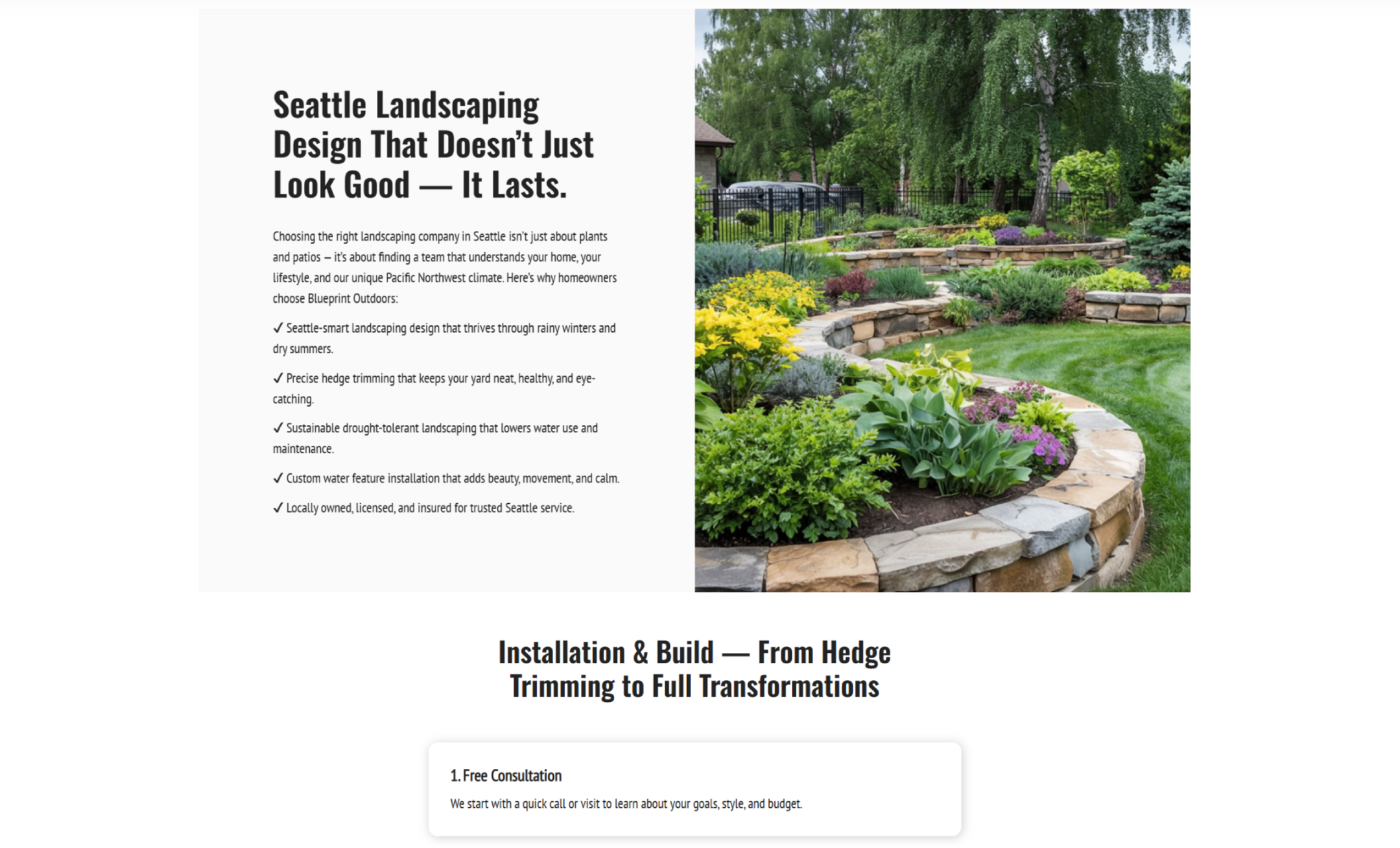 Blueprint Outdoors feature section titled “Seattle Landscaping Design That Doesn’t Just Look Good — It Lasts,” with a checklist of benefits like hedge trimming and drought-tolerant landscaping beside a photo of tiered stone garden beds filled with flowers