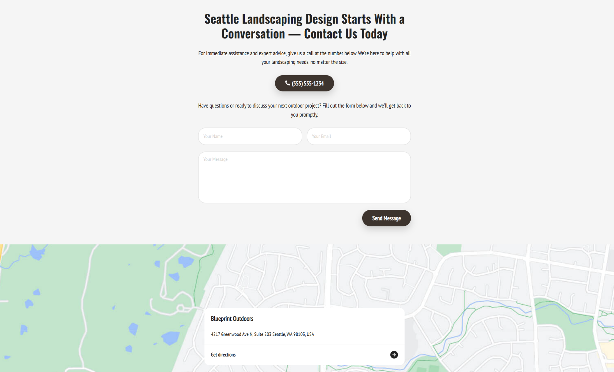 Blueprint Outdoors contact section with headline “Seattle Landscaping Design Starts With a Conversation — Contact Us Today,” a simple form with name, email, and message fields, and a location map showing the company’s Seattle office