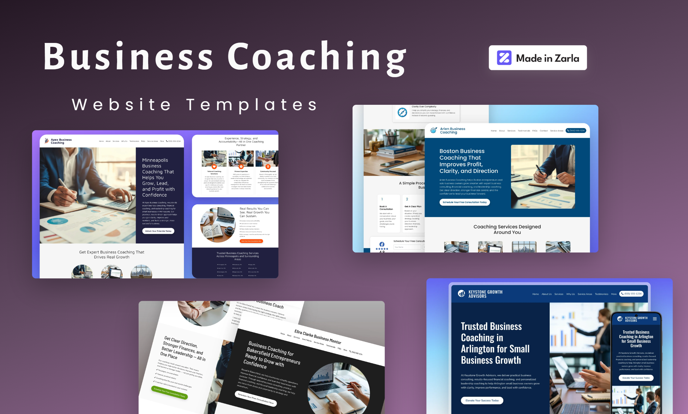 Collection of business coaching website templates created with Zarla