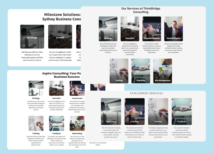 A collage of services section generated by Zarla showing different styles of service items, all having a picture, a title, and a brief description