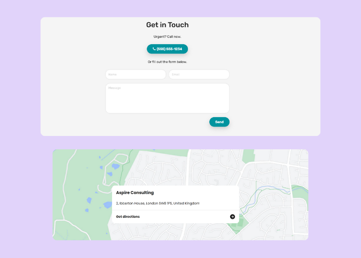 A screenshot of a header with navigation pills with contact number, a blue-colored primary button with contact number, and a 2D depiction of a map with a business address in the center