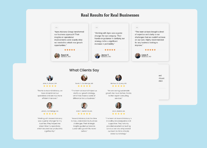 A collage of reviews section generated by Zarla showing different styles of testimonials