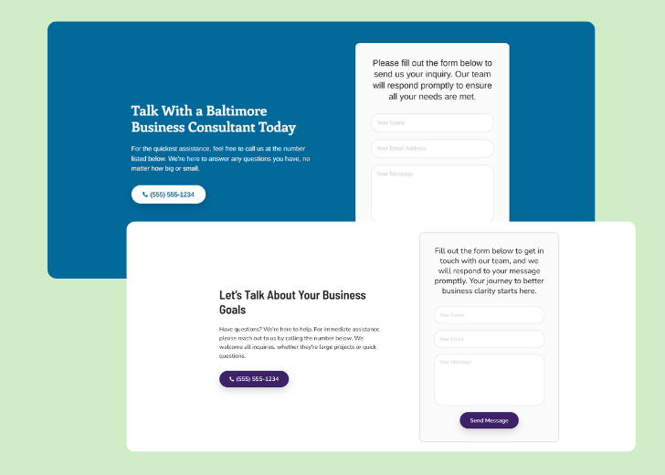 Screenshot of a contact form titled 'Get in touch' with a blue-colored primary button with a contact number, with input fields for Name, Email, and Message