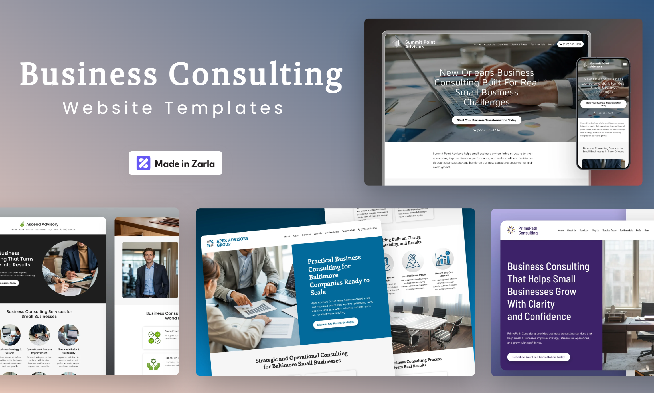 Collection of business consulting website templates made with Zarla