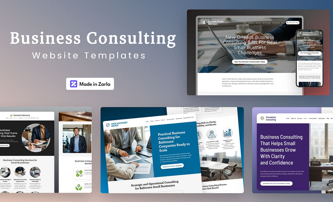Collection of business consulting website templates made with Zarla
