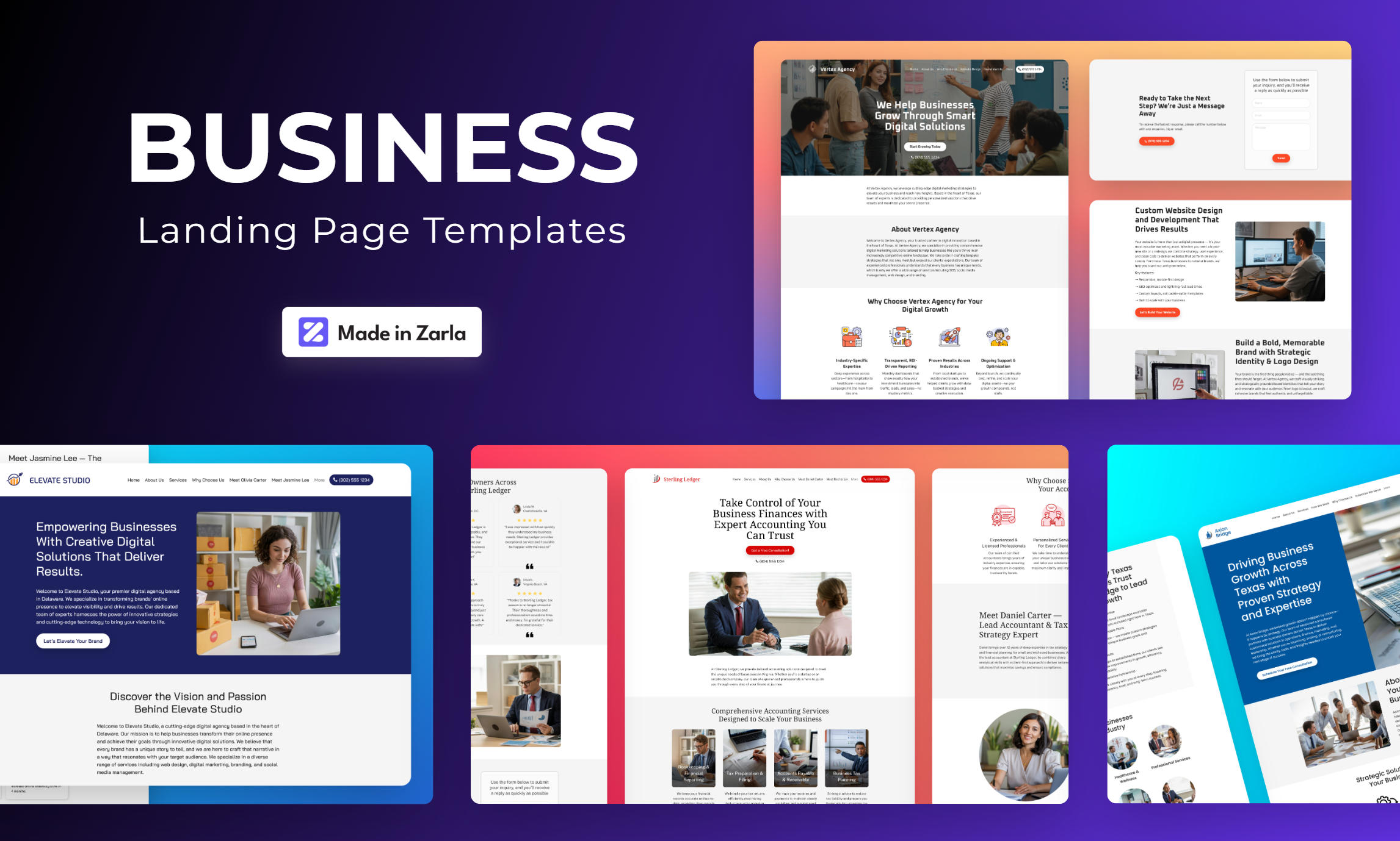 Collection of business landing page website templates created with Zarla