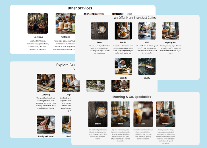 A collage of services section generated by Zarla showing different styles of service items, all having a picture, a title, and a brief description