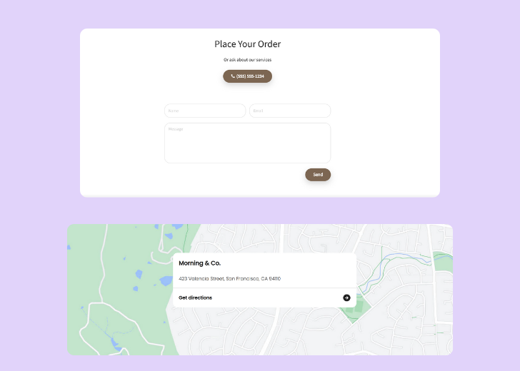 A screenshot of a header with navigation pills with contact number, a blue-colored primary button with contact number, and a 2D depiction of a map with a business address in the center