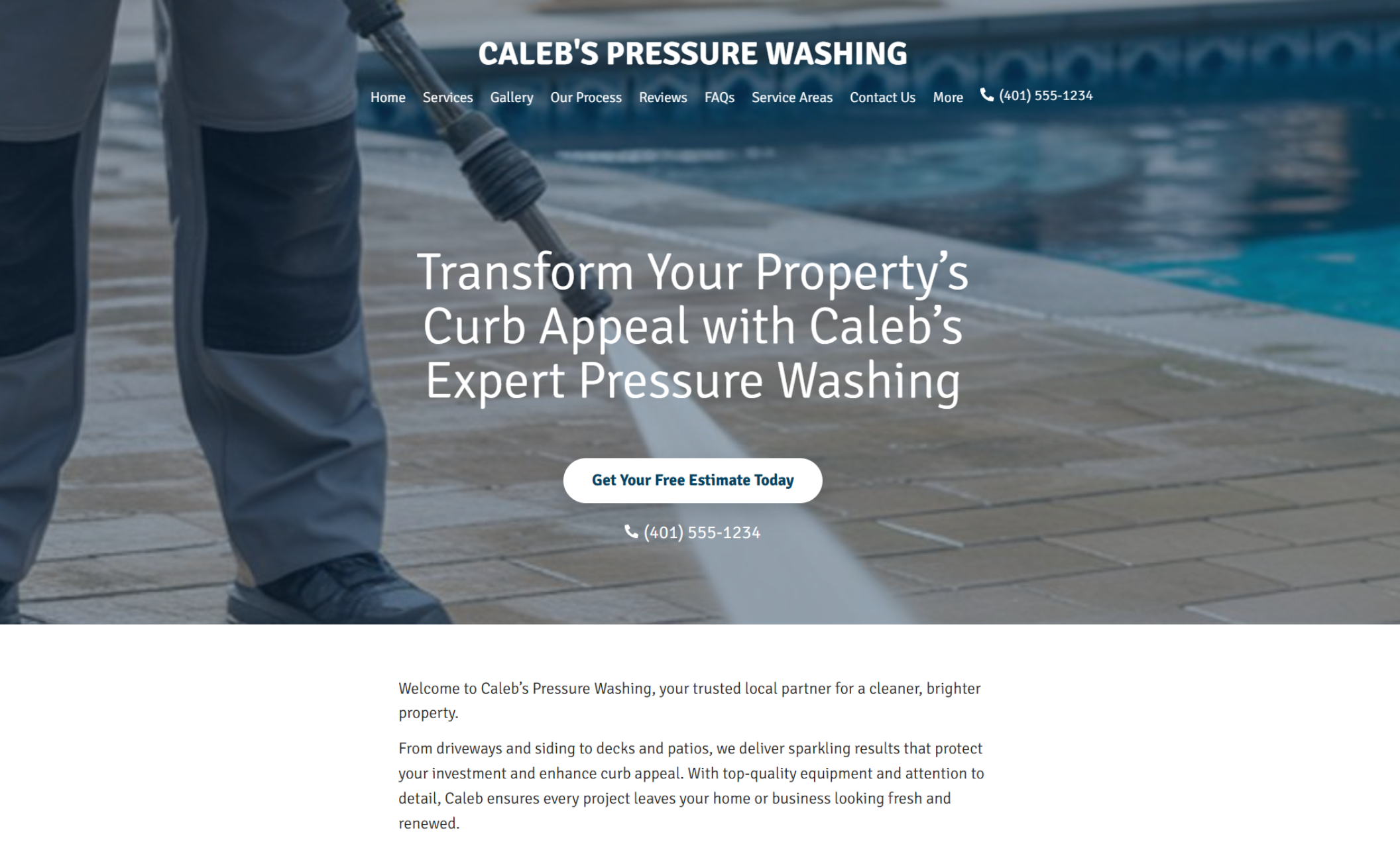 Caleb’s Pressure Washing homepage featuring a wide-angle shot of a technician cleaning a poolside patio with a pressure washer, paired with the headline “Transform Your Property’s Curb Appeal with Caleb’s Expert Pressure Washing” and a button that says “Get Your Free Estimate Today.”