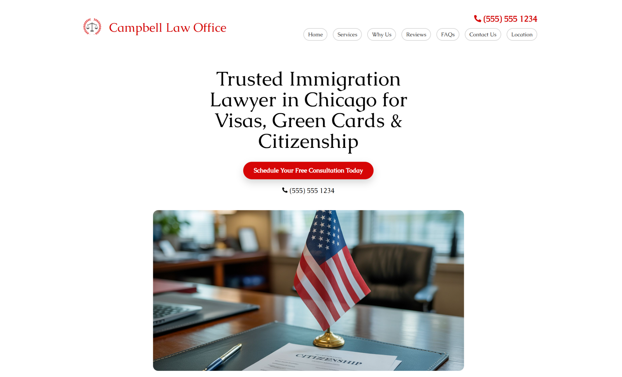 Campbell Law Office homepage featuring an American flag on a desk beneath the headline “Trusted Immigration Lawyer in Chicago for Visas, Green Cards & Citizenship.”