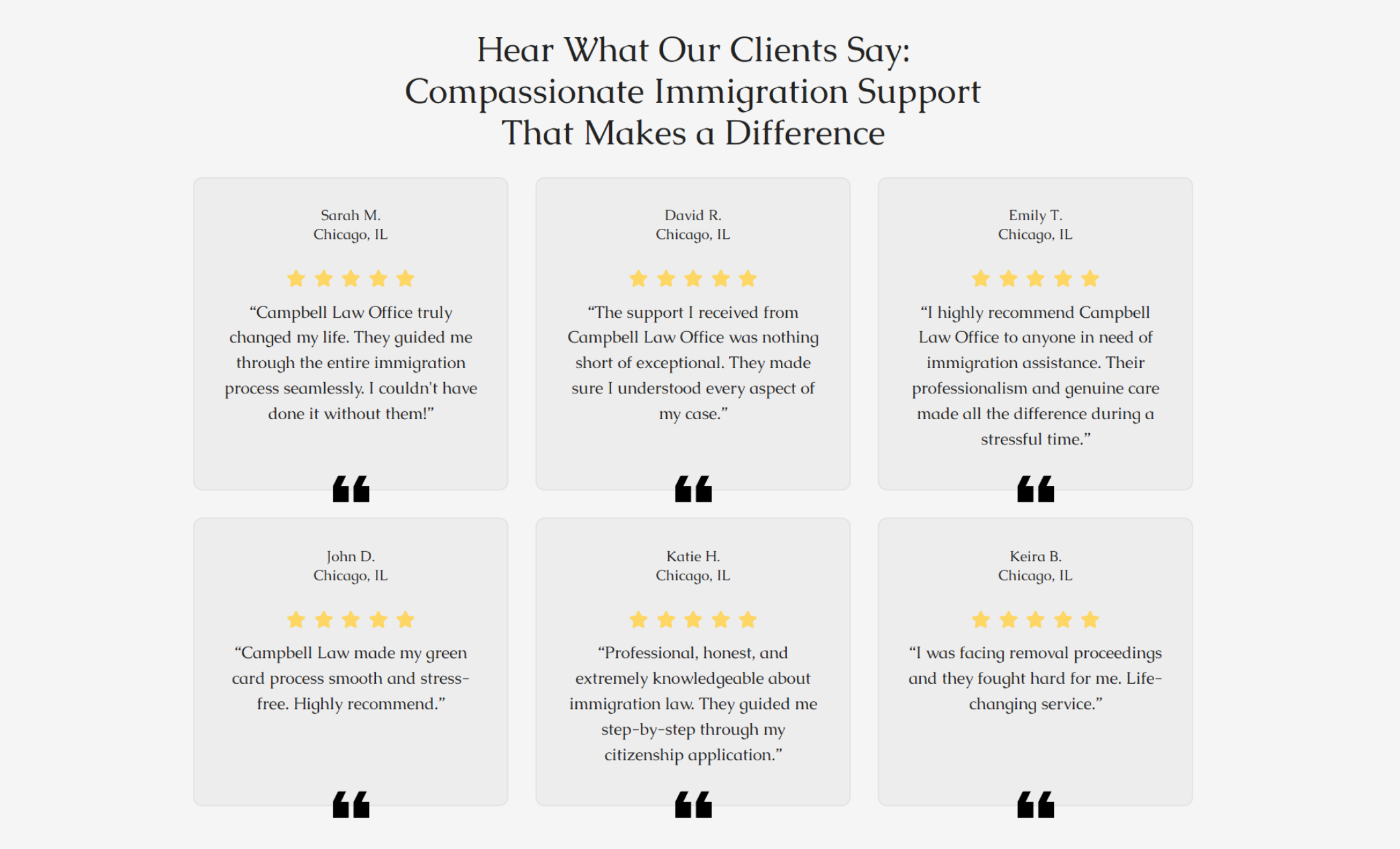 Testimonials section titled “Hear What Our Clients Say: Compassionate Immigration Support That Makes a Difference” displaying multiple client reviews with star ratings and quotes