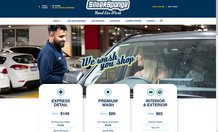 A screenshot of the Silver Sponge car wash website.