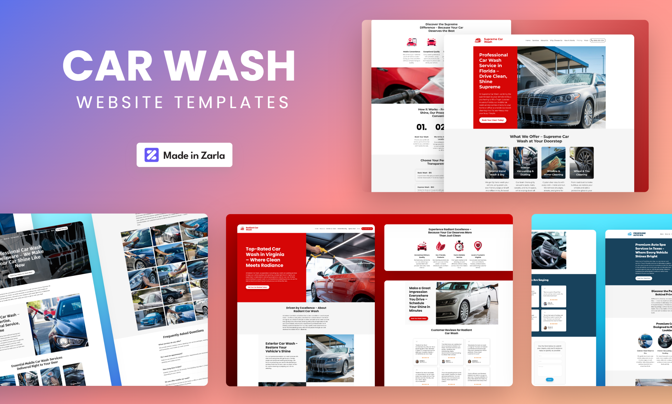 Collection of car wash website templates created with Zarla