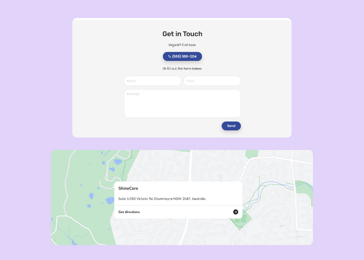 A screenshot of a header with navigation pills with contact number, a blue-colored primary button with contact number, and a 2D depiction of a map with a business address in the center