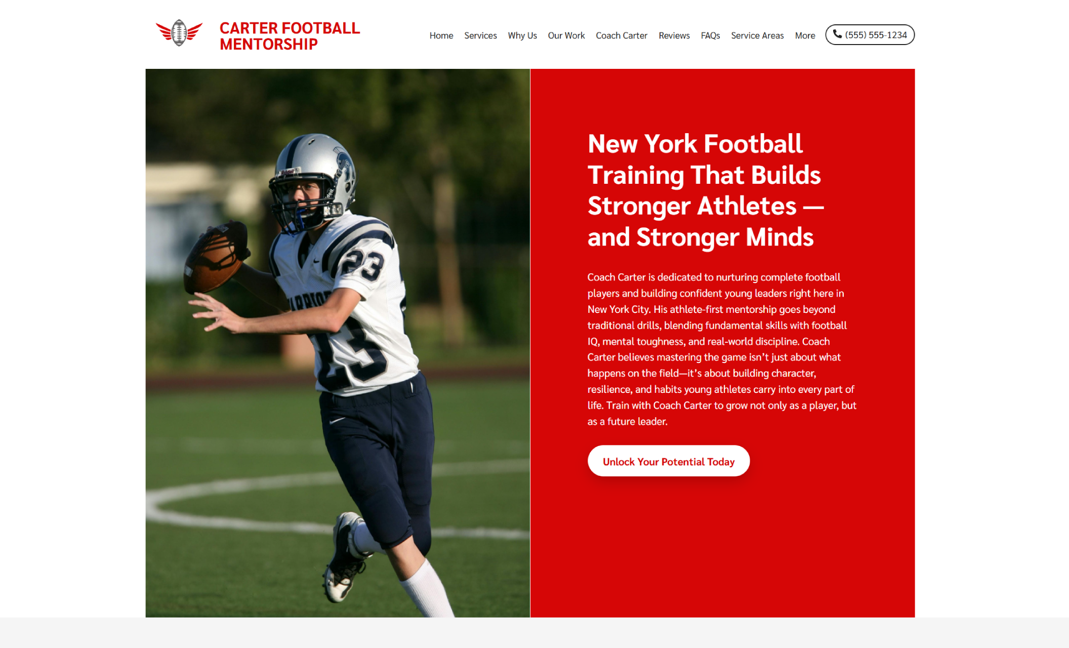 Carter Football Mentorship homepage featuring a young football player running with the ball beside a bright red panel with the headline “New York Football Training That Builds Stronger Athletes — and Stronger Minds” and a button labeled “Unlock Your Potential Today.”