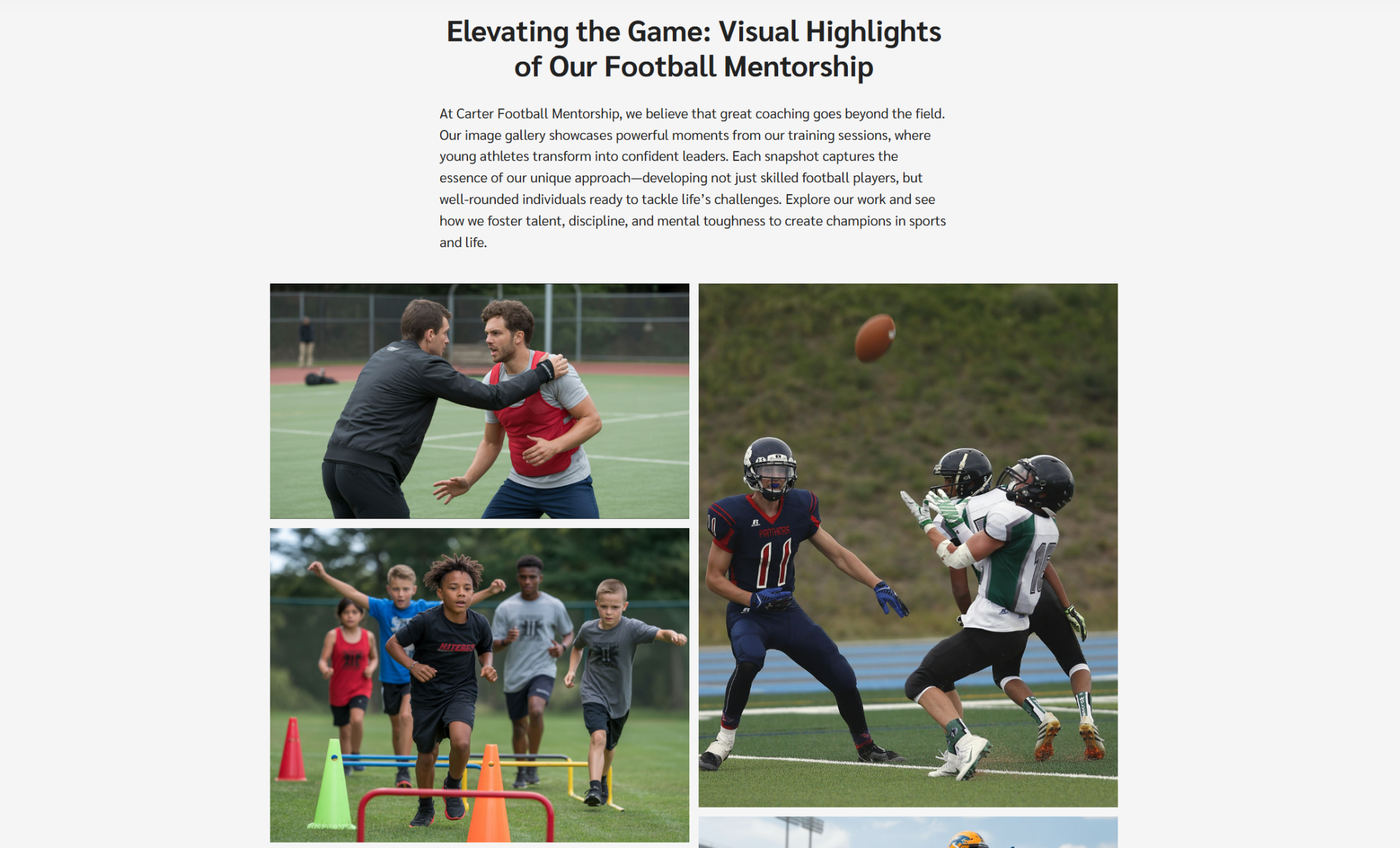 Carter Football Mentorship photo gallery showing a bold headline about visual highlights above a grid of training images including coaching drills, youth agility exercises, and players competing for a catch
