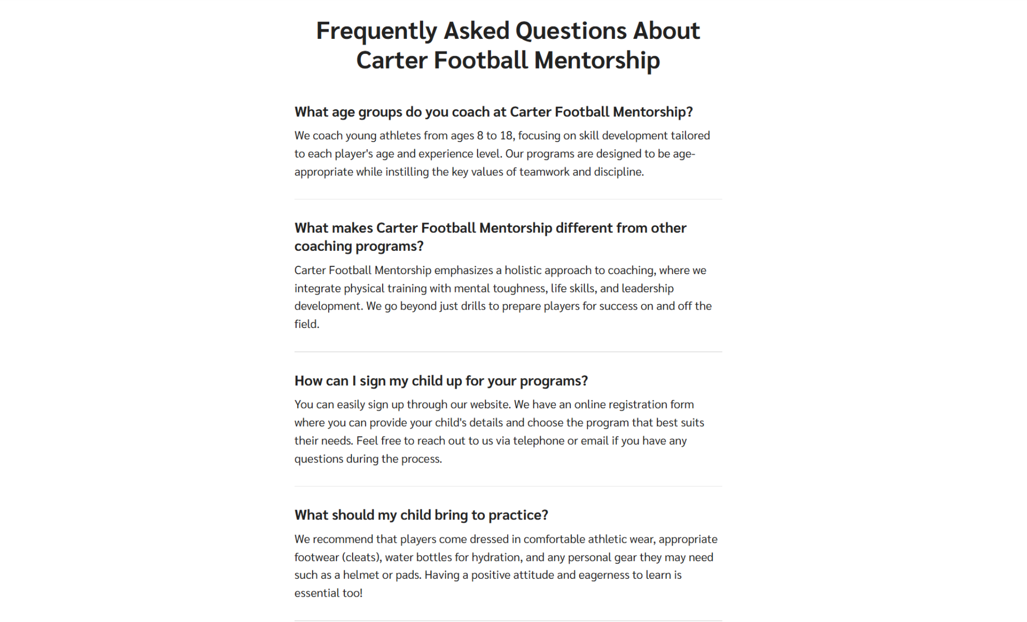 Carter Football Mentorship FAQ section featuring clean black text on a white background with questions about age groups, coaching approach, registration steps, and practice preparation