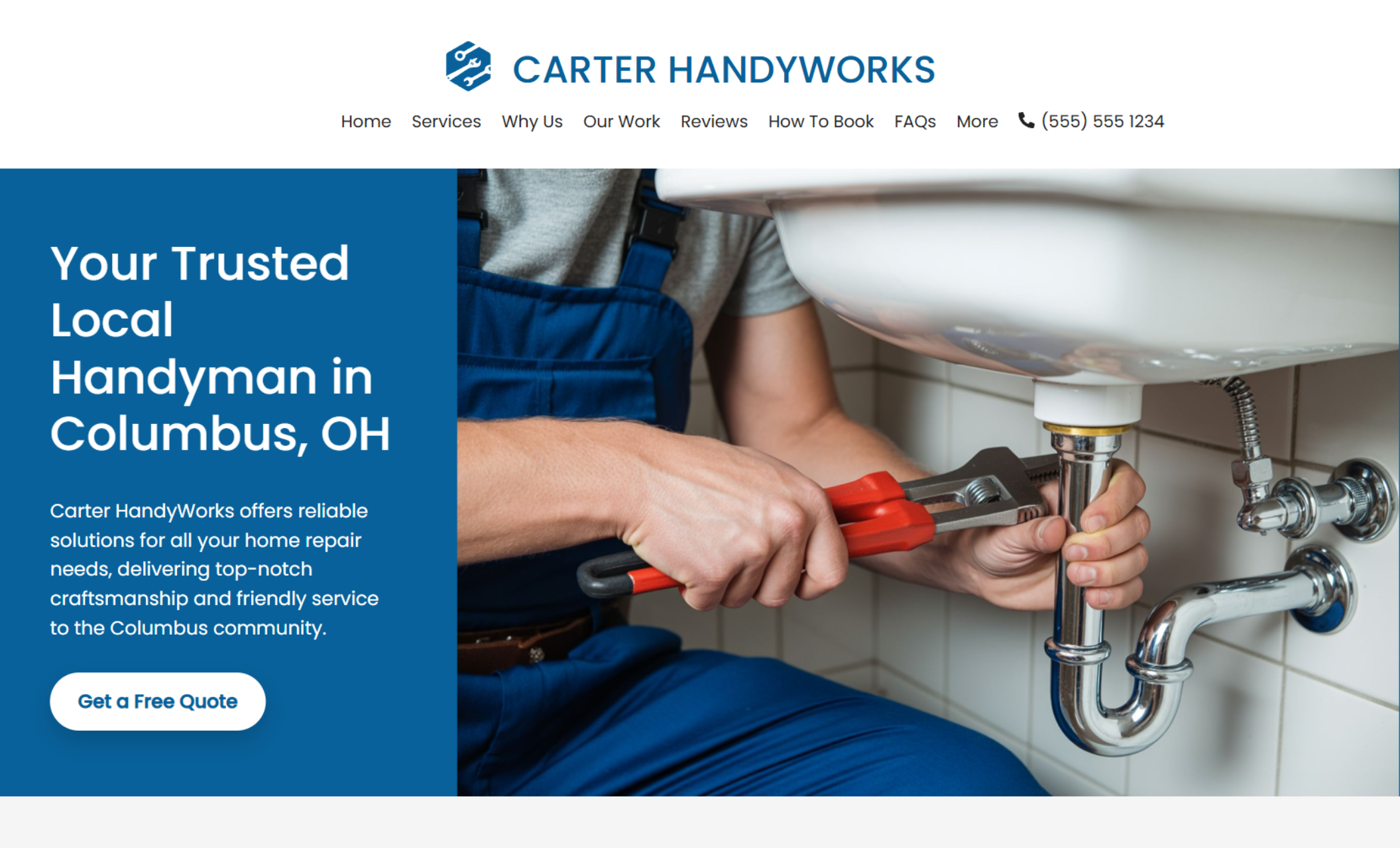 Carter HandyWorks homepage hero displaying the headline “Your Trusted Local Handyman in Columbus, OH,” a “Get a Free Quote” button, and a close-up image of a plumber tightening pipes beneath a sink