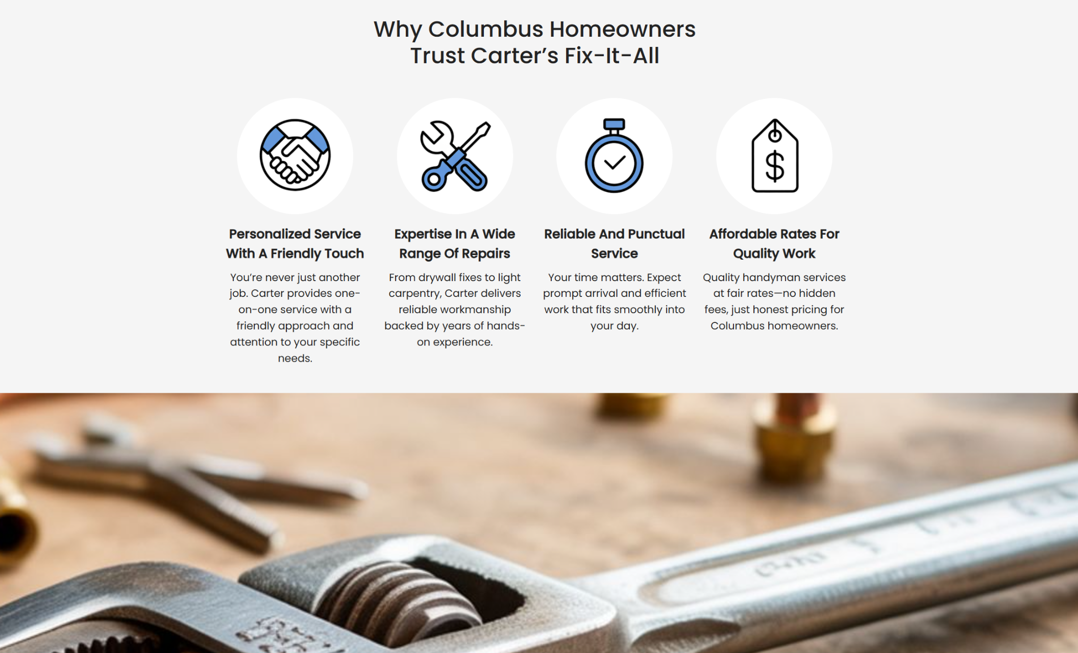 Carter HandyWorks trust section titled “Why Columbus Homeowners Trust Carter’s Fix-It-All,” featuring icons for personalized service, repair expertise, punctuality, and affordable rates