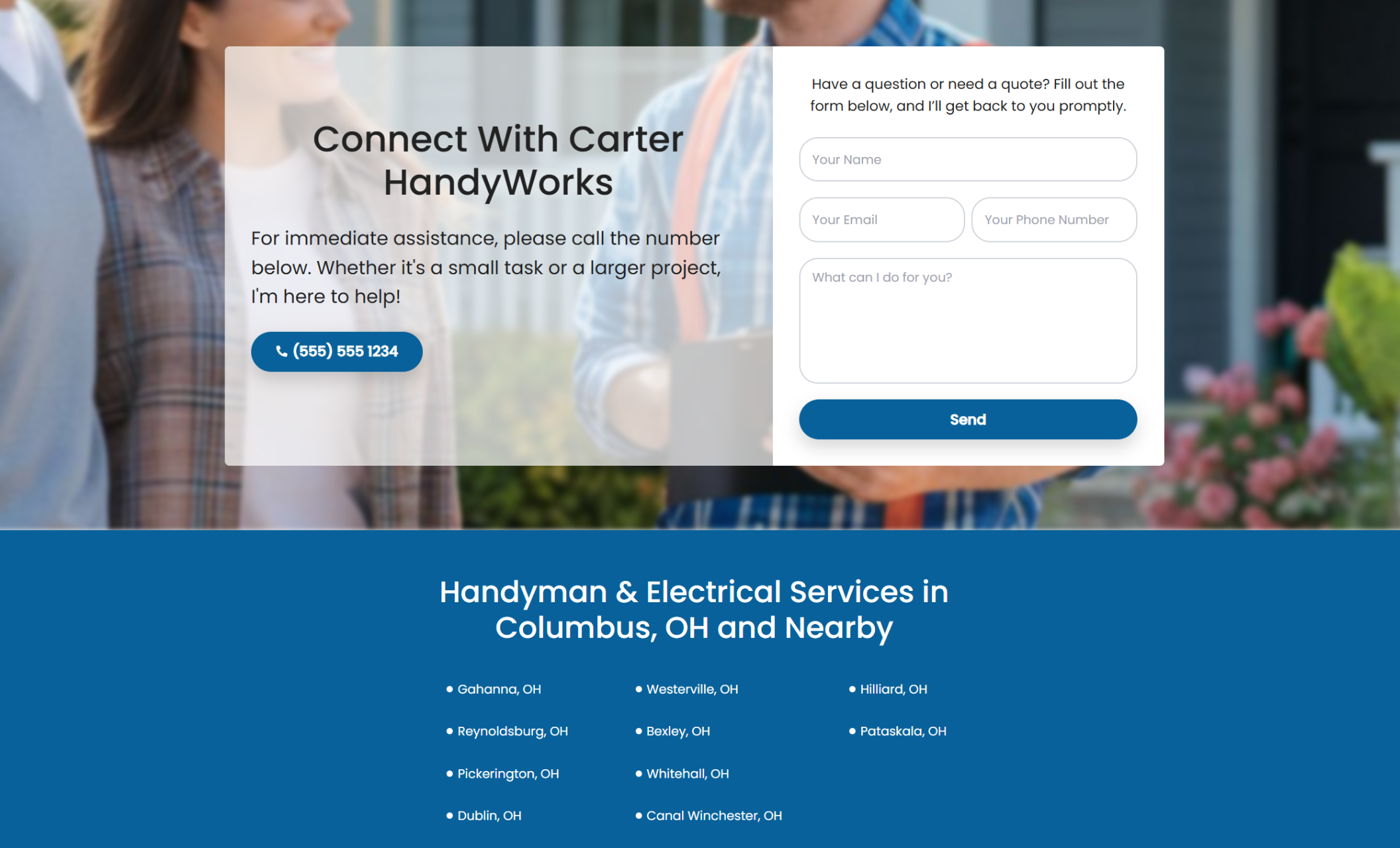 Carter HandyWorks contact section labeled “Connect With Carter HandyWorks,” including a phone number button, inquiry form fields, and a headline for handyman and electrical services in Columbus, OH and nearby cities