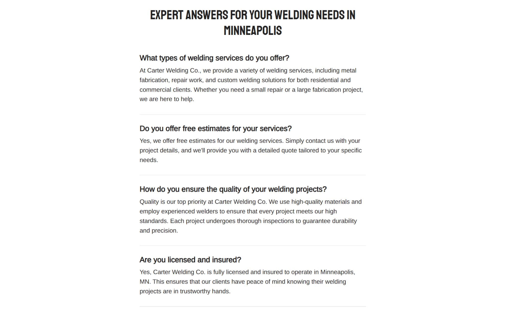 Carter Welding Co. FAQ section titled “Expert Answers for Your Welding Needs in Minneapolis,” featuring common questions about services, estimates, project quality, and licensing