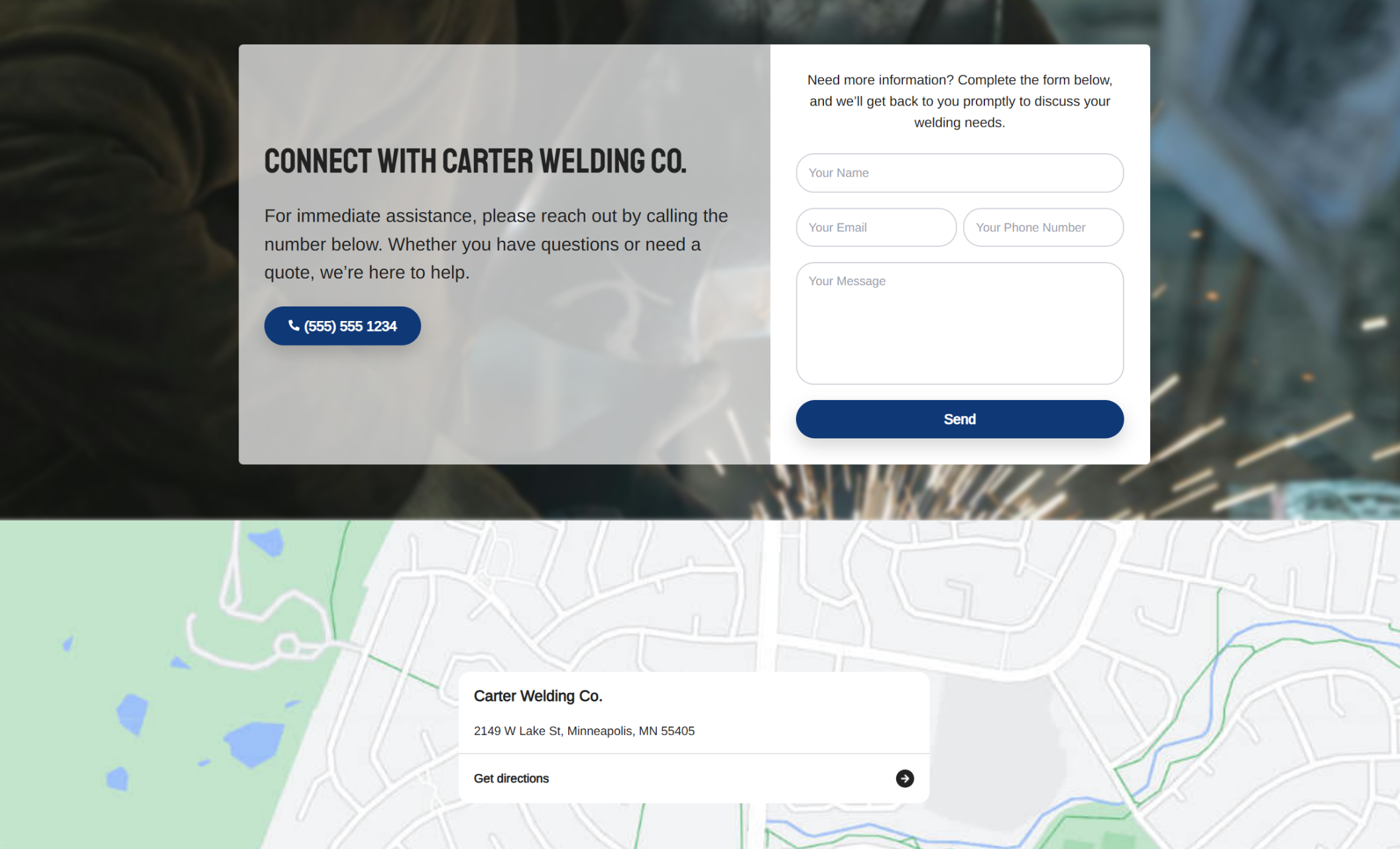 Carter Welding Co. contact section showing a headline “Connect With Carter Welding Co.” with a phone button, contact form, and a map displaying the Minneapolis business location