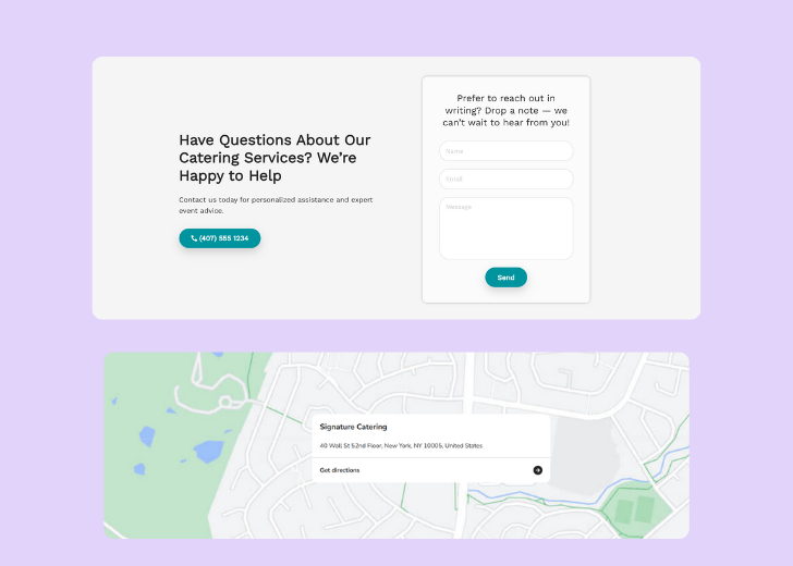 A screenshot of a header with navigation pills with contact number, a blue-colored primary button with contact number, and a 2D depiction of a map with a business address in the center