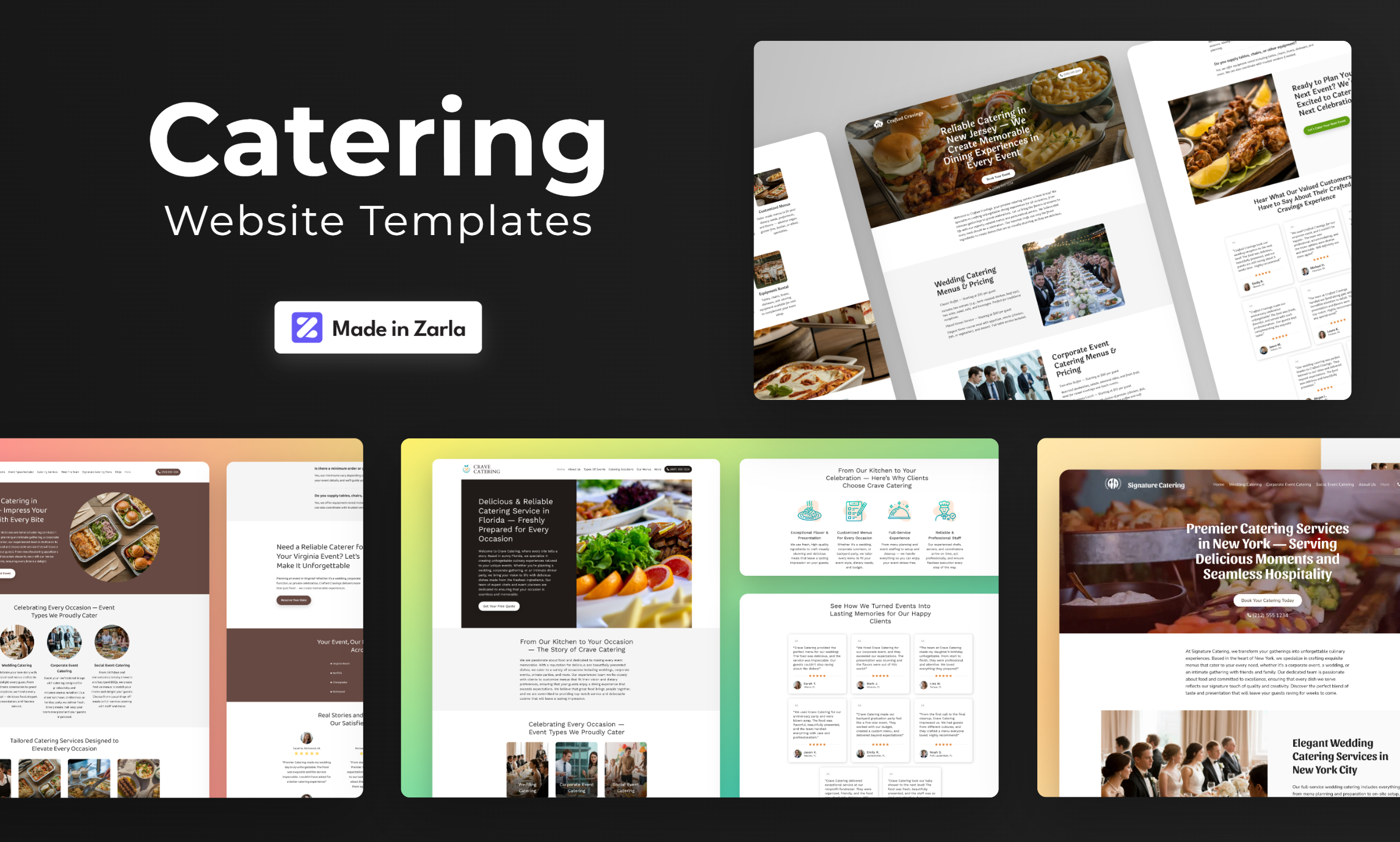Collection of catering website templates created with Zarla