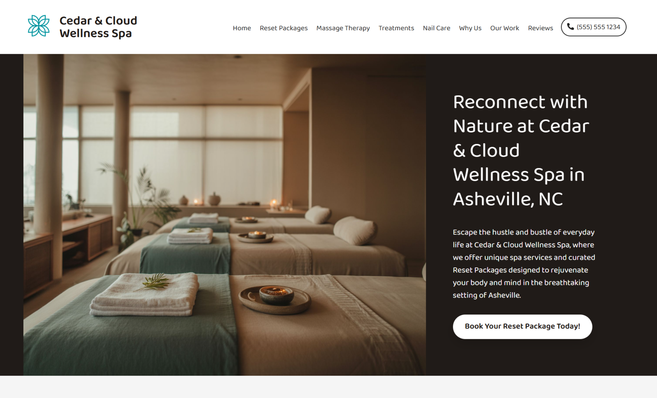 Cedar & Cloud Wellness Spa homepage hero showing a serene treatment room with neatly arranged massage tables, folded towels, candles, and greenery next to the headline “Reconnect with Nature at Cedar & Cloud Wellness Spa in Asheville, NC” and a “Book Your Reset Package Today!” button