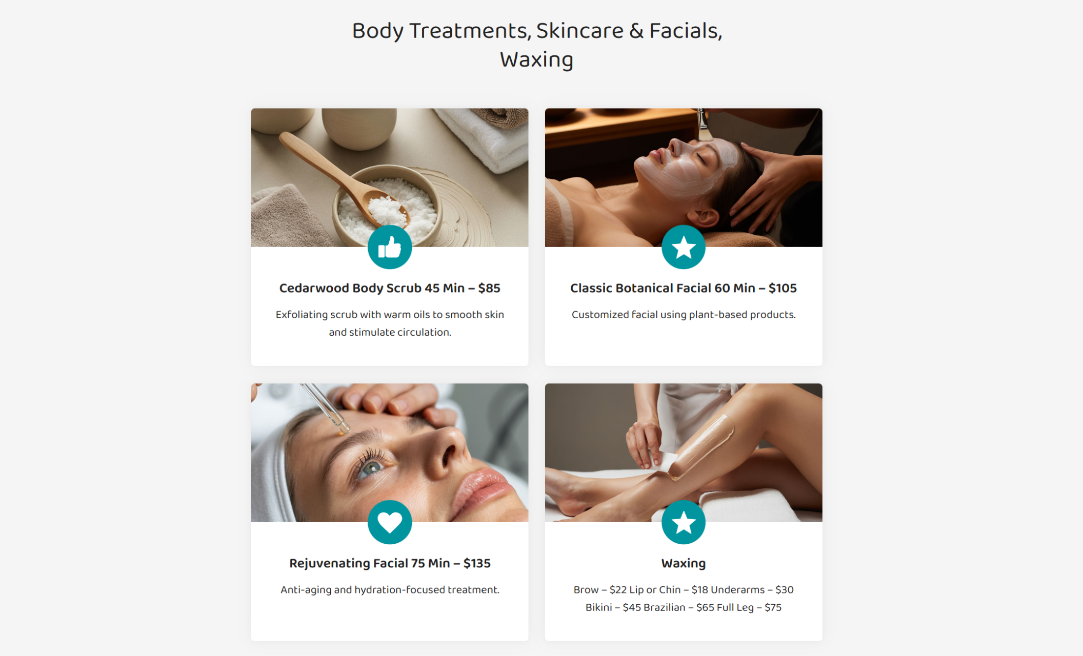 Cedar & Cloud Wellness Spa treatments page under the heading “Body Treatments, Skincare & Facials, Waxing,” displaying service cards for Cedarwood Body Scrub, Classic Botanical Facial, Rejuvenating Facial, and Waxing with pricing and teal icons