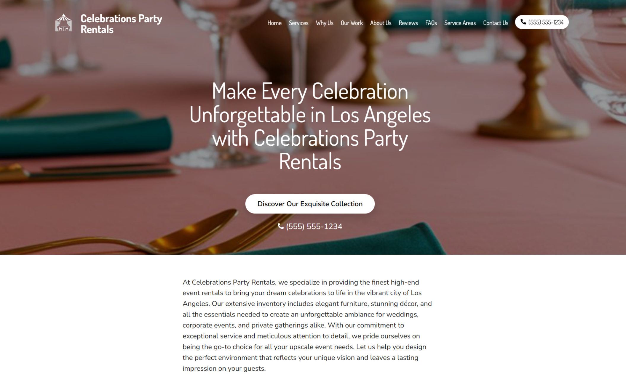 Celebrations Party Rentals homepage showcasing a refined close-up of a pink tablecloth and teal napkin place setting beside the headline “Make Every Celebration Unforgettable in Los Angeles with Celebrations Party Rentals” and a white button that says “Discover Our Exquisite Collection.”