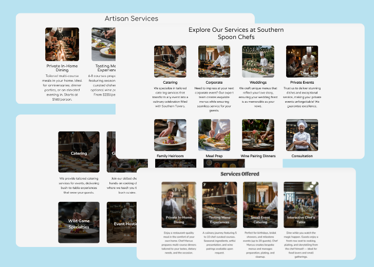 A collage of services section generated by Zarla showing different styles of service items, all having a picture, a title, and a brief description