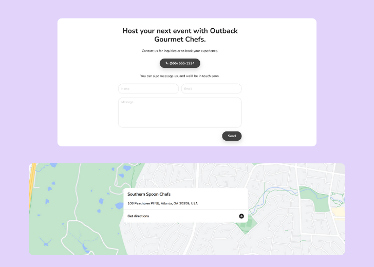 A screenshot of a header with navigation pills with contact number, a blue-colored primary button with contact number, and a 2D depiction of a map with a business address in the center