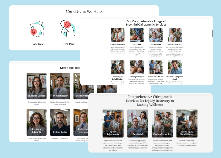 A collage of services section generated by Zarla showing different styles of service items, all having a picture, a title, and a brief description