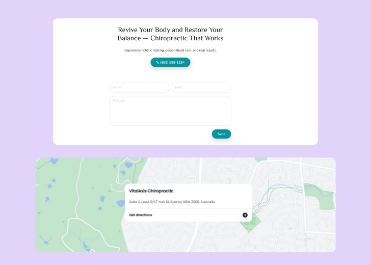 A screenshot of a header with navigation pills with contact number, a blue-colored primary button with contact number, and a 2D depiction of a map with a business address in the center