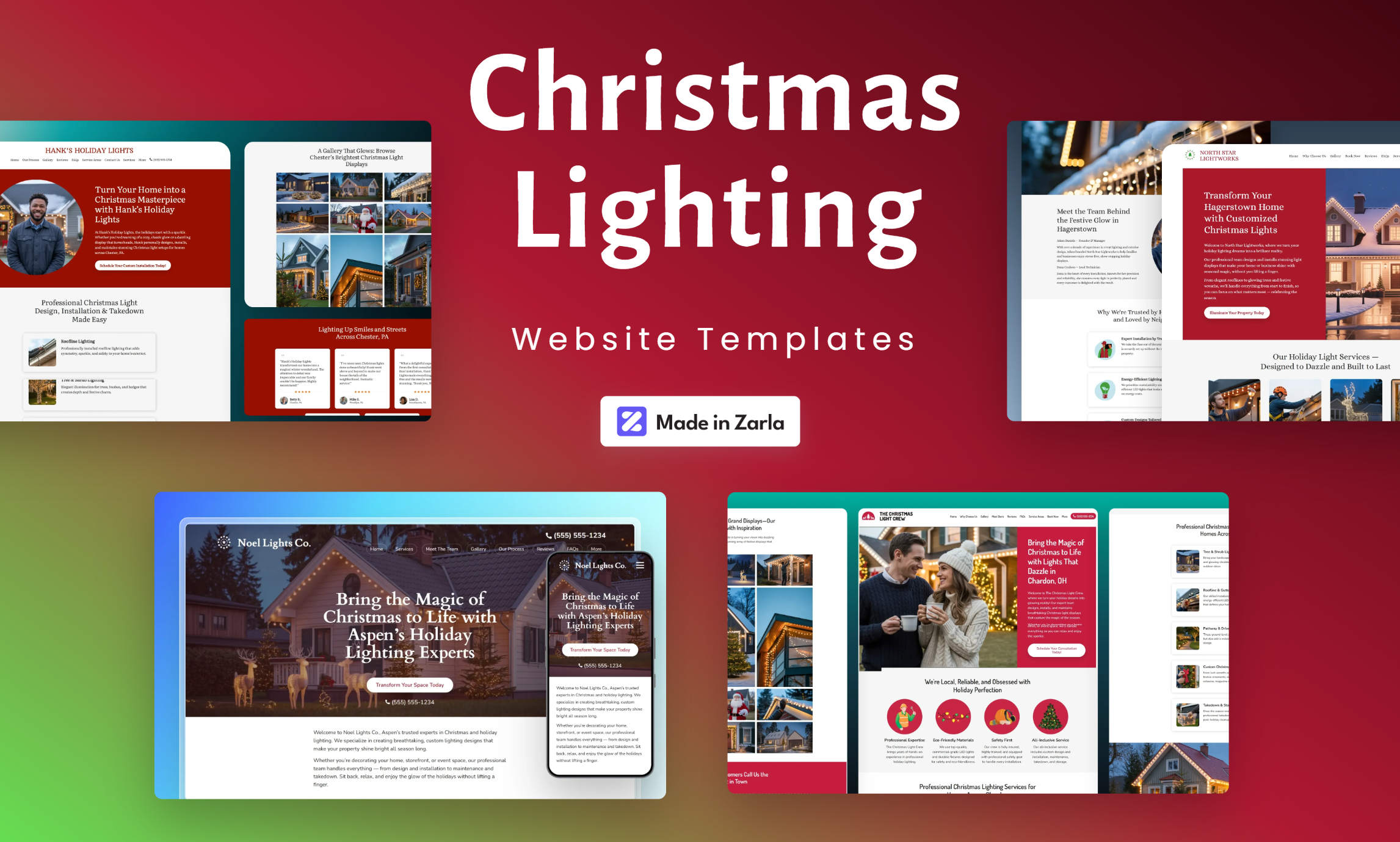 Collection of Christmas Lighting website templates created with Zarla