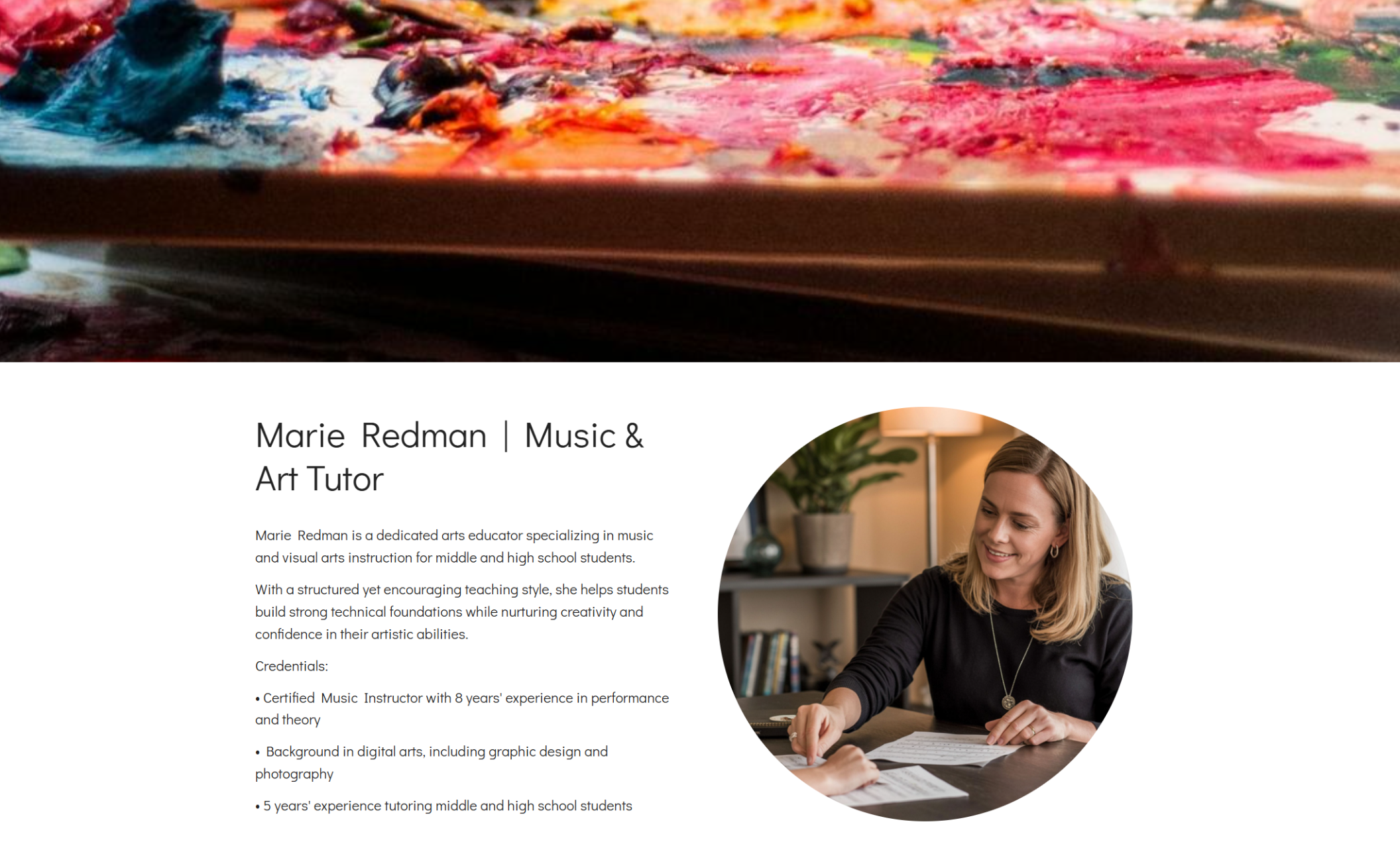 City Arts Tutoring instructor profile section featuring Marie Redman seated at a table working with sheet music beside the heading “Marie Redman | Music & Art Tutor” and a list of credentials and experience