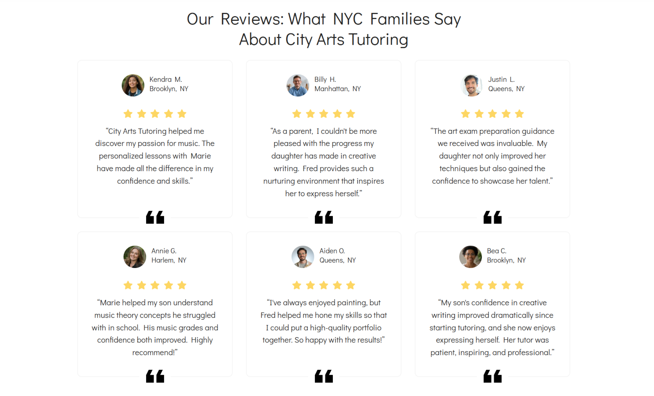 City Arts Tutoring reviews section showing six student and parent testimonials arranged in a grid under the headline “Our Reviews: What NYC Families Say About City Arts Tutoring,” each with star ratings and profile photos