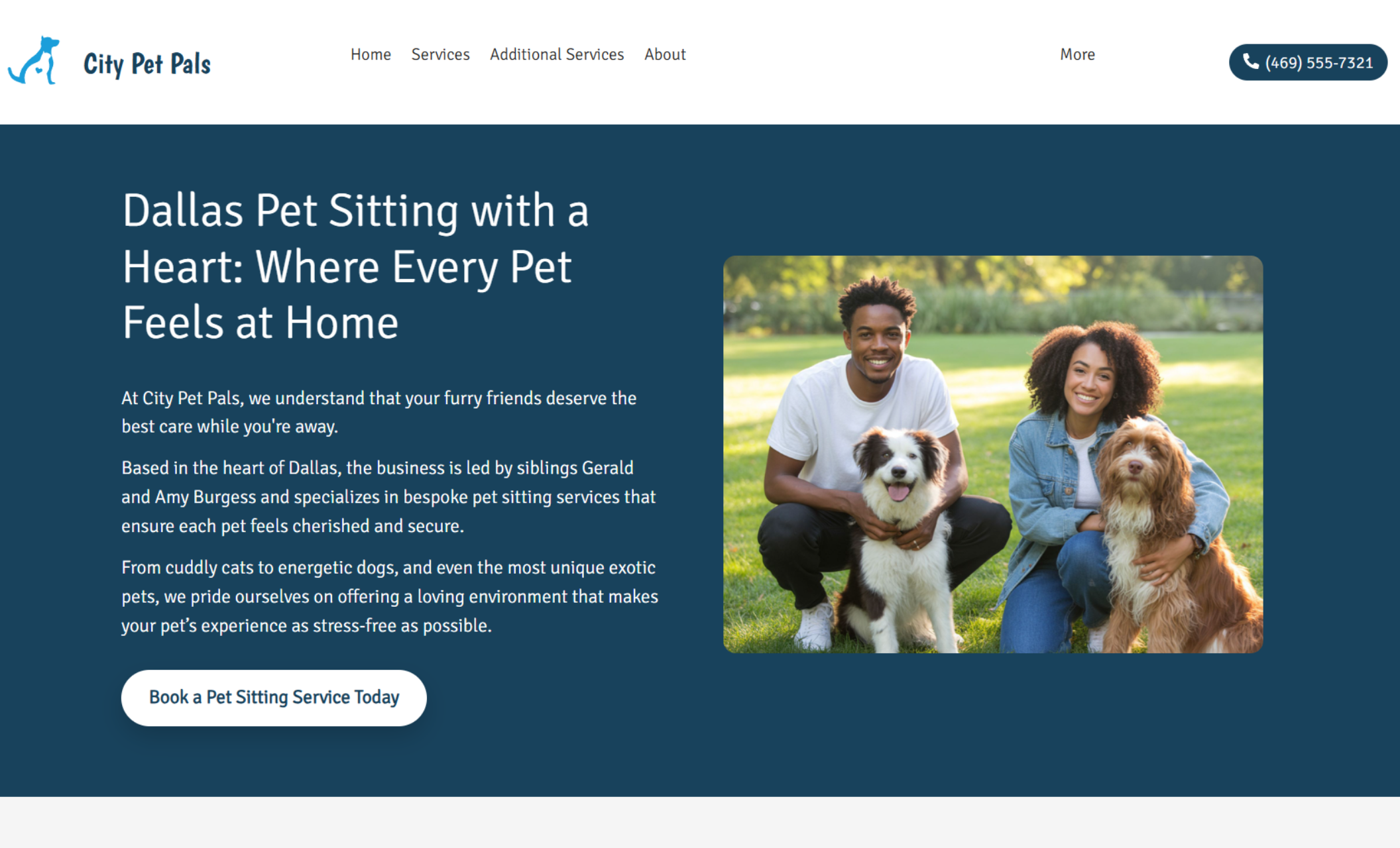 City Pet Pals homepage featuring a man and woman sitting on grass with two happy dogs, beside the headline “Dallas Pet Sitting with a Heart: Where Every Pet Feels at Home” and a white button that says “Book a Pet Sitting Service Today.”