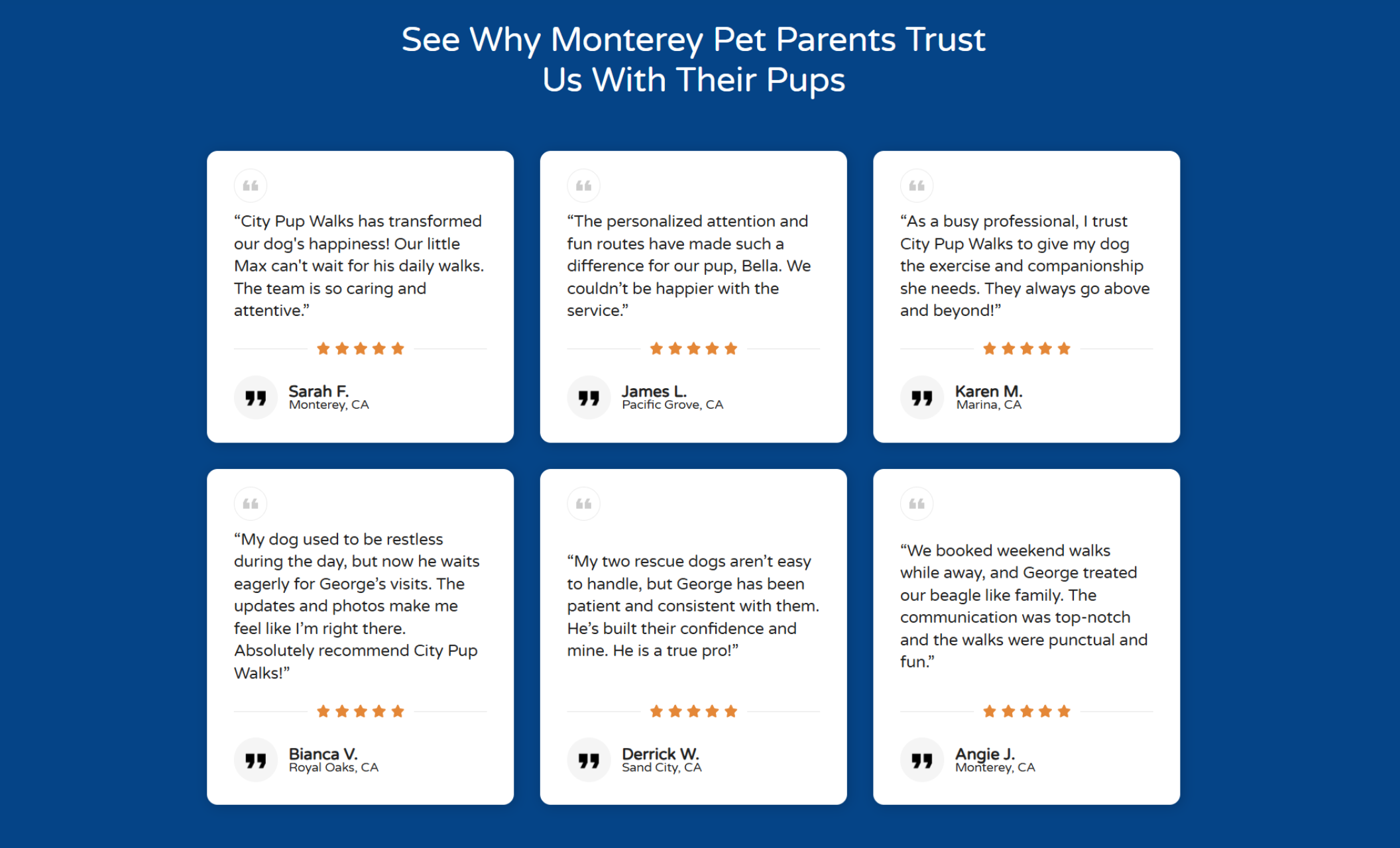 “See Why Monterey Pet Parents Trust Us With Their Pups” section with six review cards featuring customer quotes, star ratings, and names from Monterey-area clients praising City Pup Walks’ care and professionalism