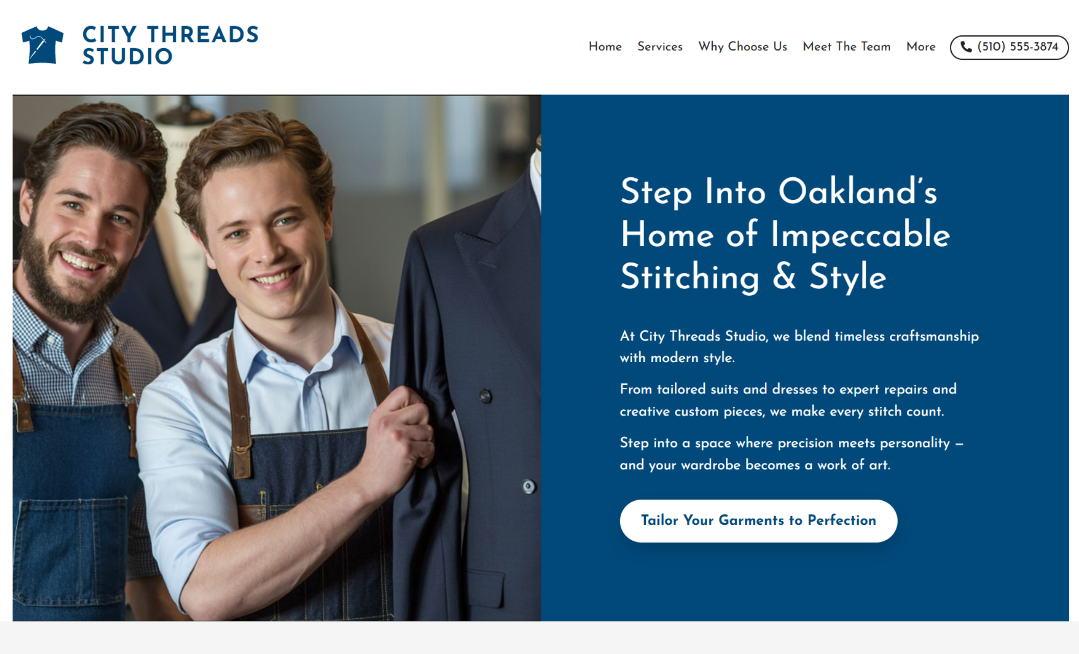 City Threads Studio homepage featuring two smiling tailors in denim aprons, one adjusting a navy suit jacket on a mannequin, beside the headline “Step Into Oakland’s Home of Impeccable Stitching & Style” and a white button labeled “Tailor Your Garments to Perfection.”
