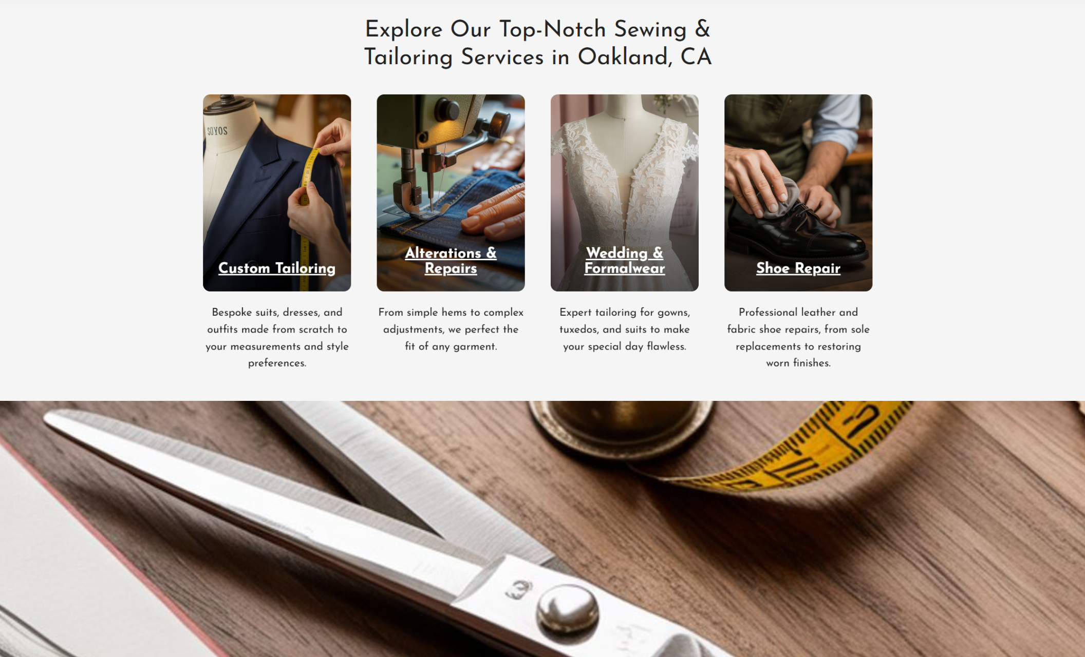 City Threads Studio services section displaying four photo-based service cards—Custom Tailoring, Alterations & Repairs, Wedding & Formalwear, and Shoe Repair—each paired with a short description, above a background image of scissors, measuring tape, and fabric