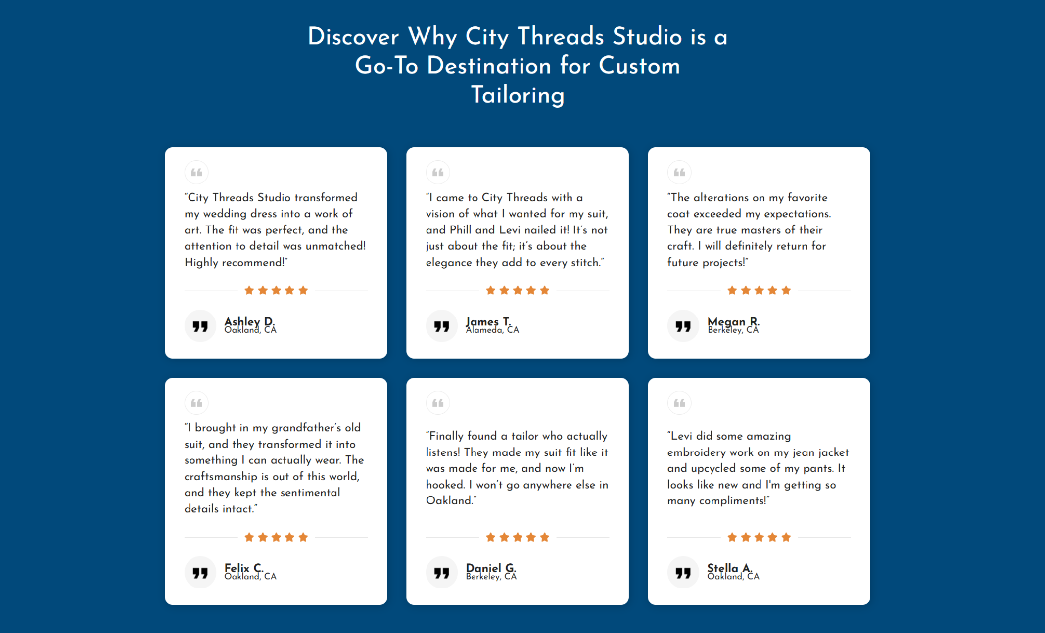 City Threads Studio testimonials section with a navy background, white headline “Discover Why City Threads Studio is a Go-To Destination for Custom Tailoring,” and six customer review cards featuring star ratings and short quotes praising the studio’s craftsmanship