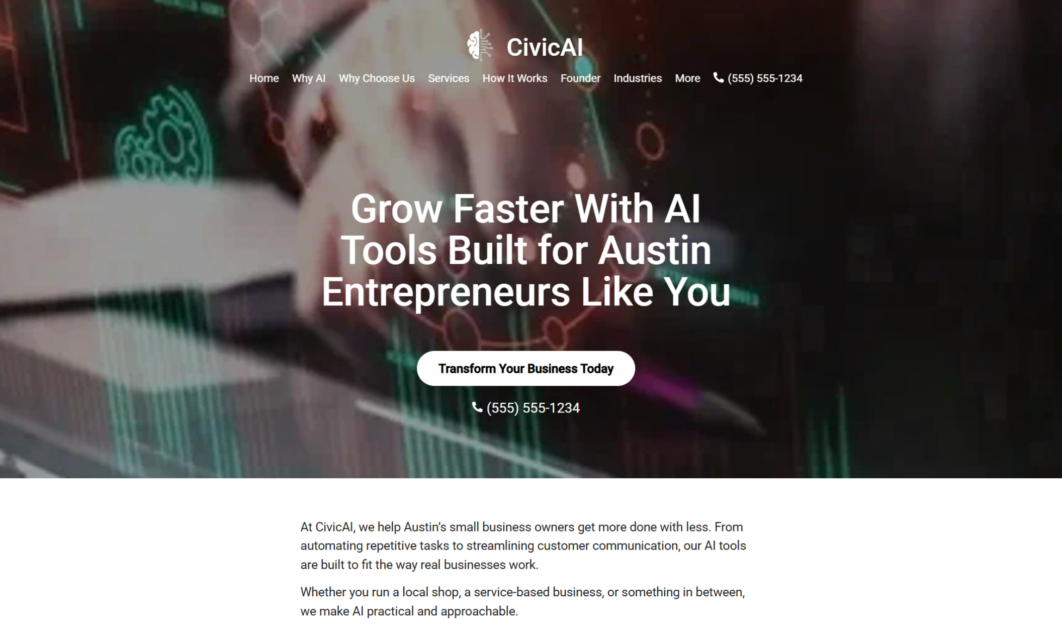 CivicAI homepage showing a blurred background of AI data visuals with the bold headline “Grow Faster With AI Tools Built for Austin Entrepreneurs Like You” and a call-to-action button reading “Transform Your Business Today.”