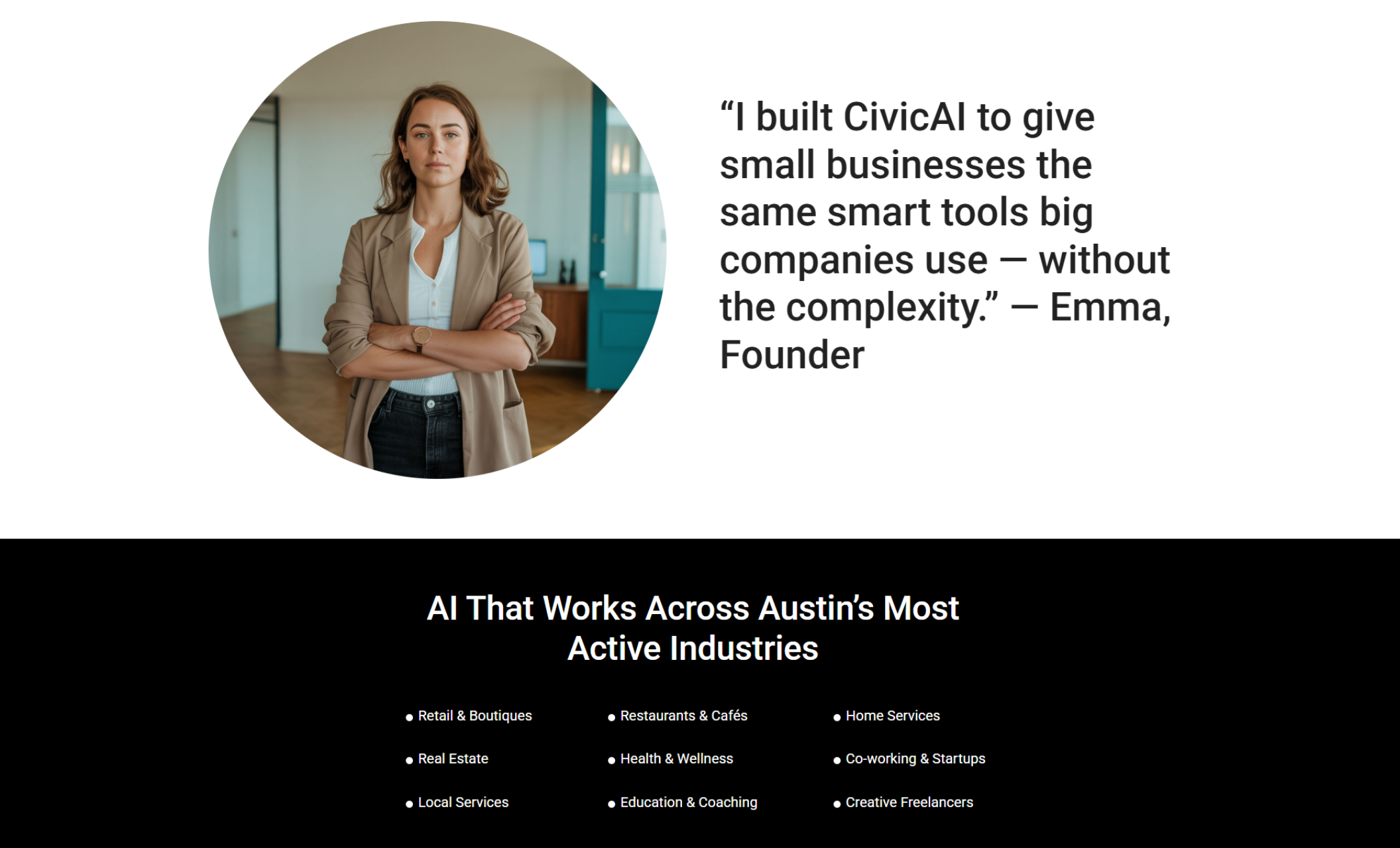 CivicAI founder Emma stands confidently with arms crossed beside a quote that says, “I built CivicAI to give small businesses the same smart tools big companies use — without the complexity.”
