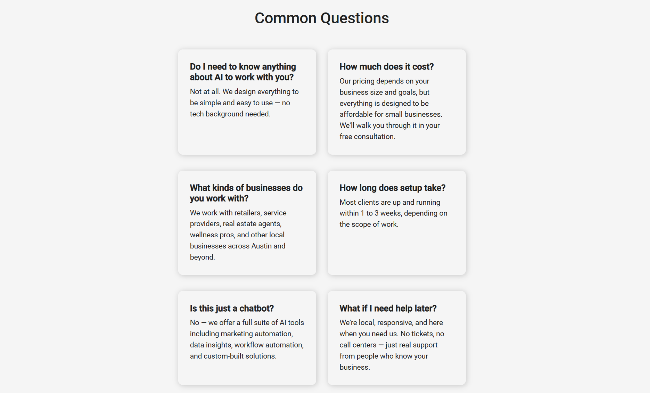 CivicAI FAQ section showing six frequently asked questions about AI services above a footer-style layout listing Austin industries served, including retail, wellness, real estate, and more
