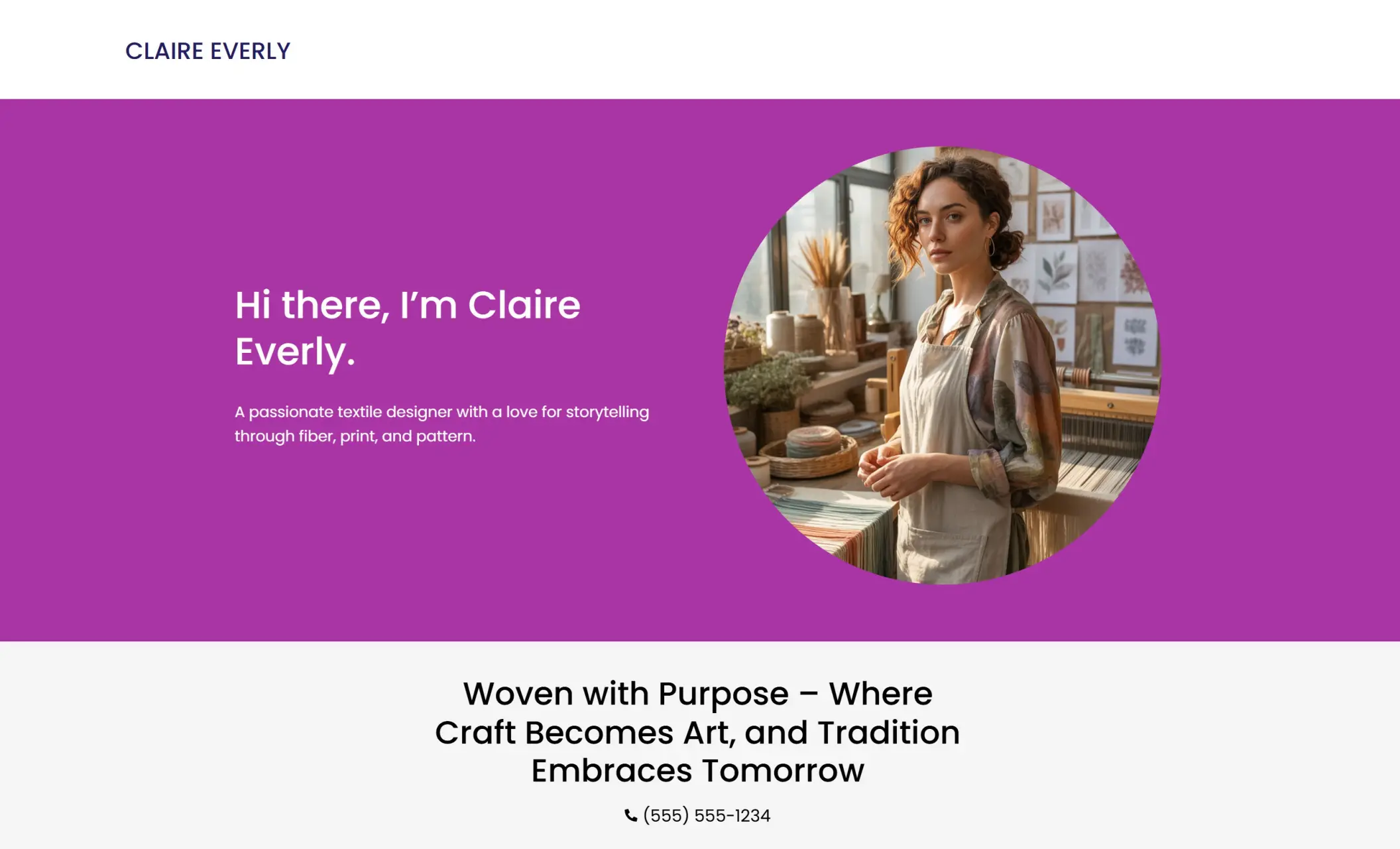 Claire Everly's homepage featuring a portrait, a brief introduction, and a phone number